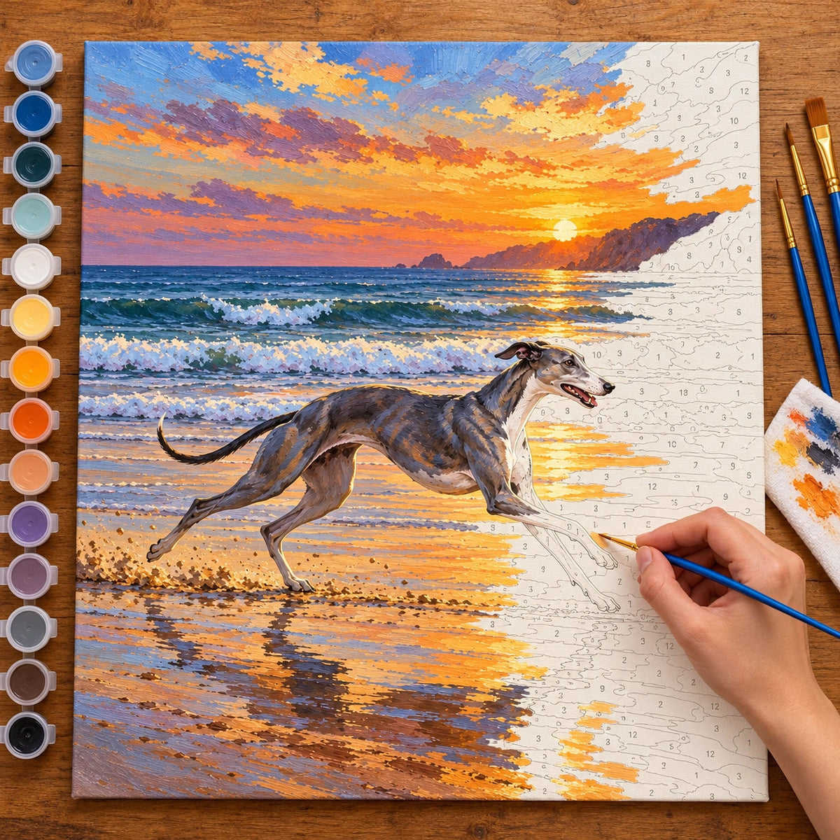 Painting process for Greyhound Running on a Beach at Sunset paint by numbers kit