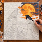 Complete Halloween Black Crows Harvest Moon Paint by Numbers Kit numbered canvas being painted with acrylic paints and brushes.