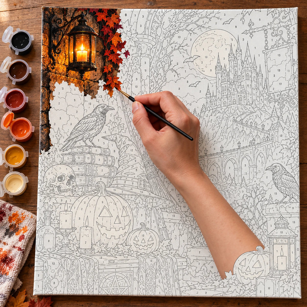 Complete Halloween Eve at the Haunted Castle numbered canvas being painted with acrylic paints and brushes