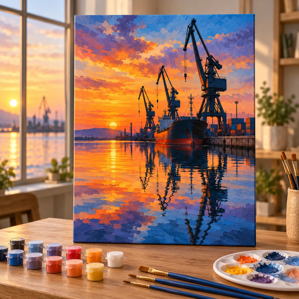 Painting process example for the harbor crane evening reflection paint by numbers design.