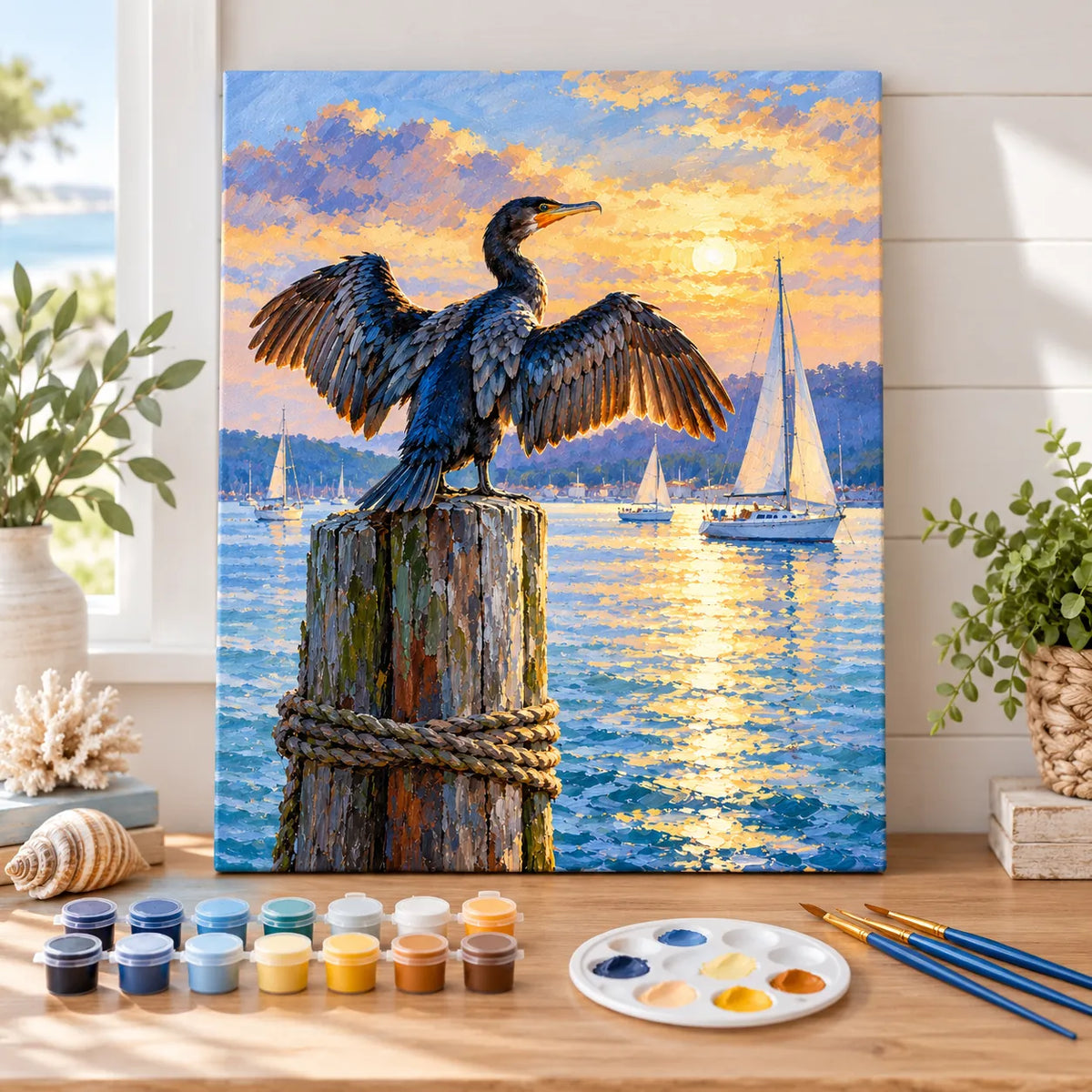Painting process example for the harbor pilings cormorant paint by numbers design.