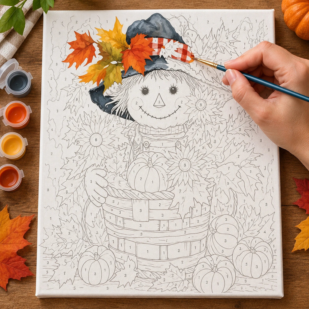 Complete Harvest Basket Smile Gnome numbered canvas being painted with acrylic paints and brushes