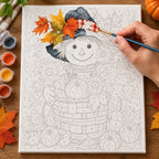 Complete Harvest Basket Smile Gnome numbered canvas being painted with acrylic paints and brushes