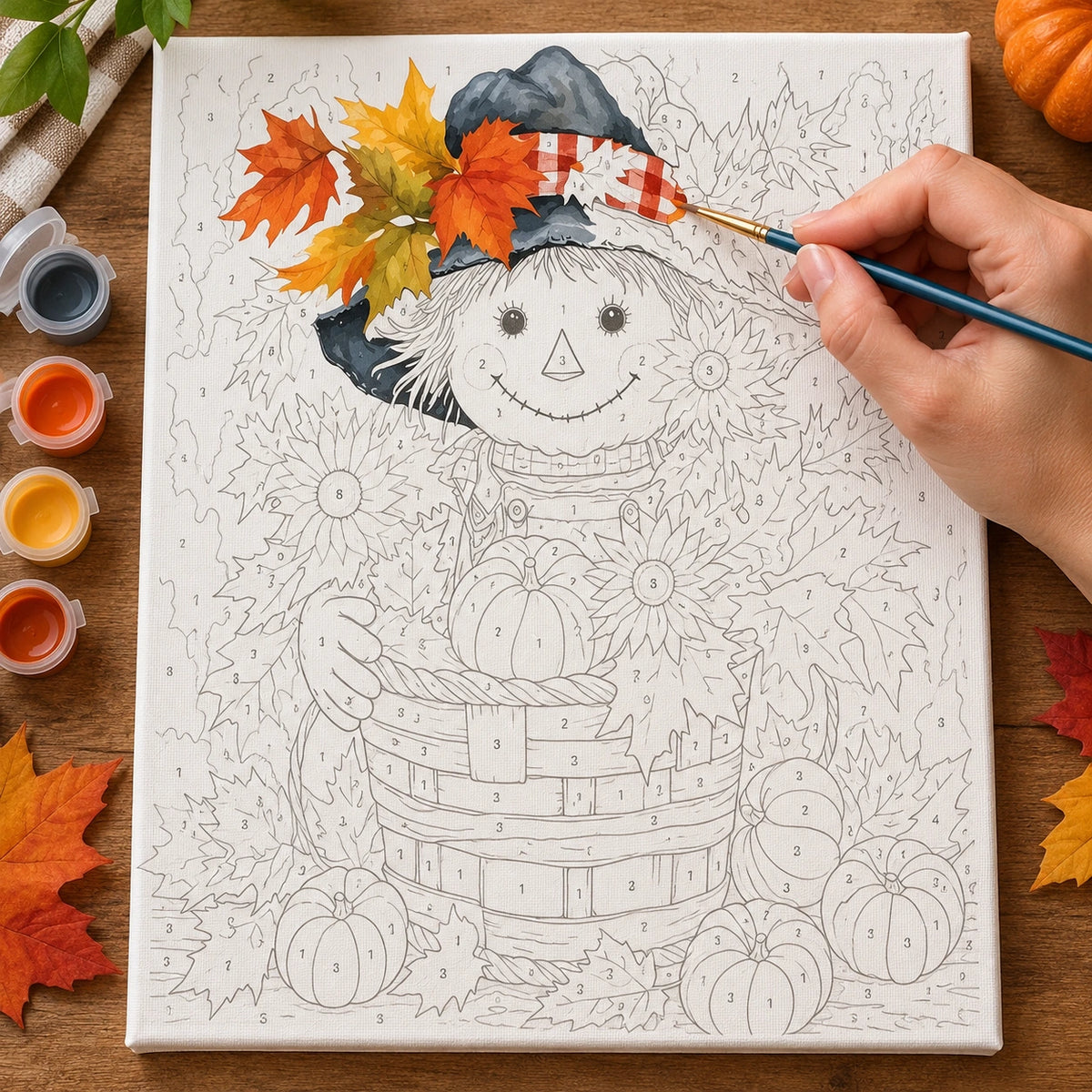 Complete Harvest Basket Smile Gnome numbered canvas being painted with acrylic paints and brushes