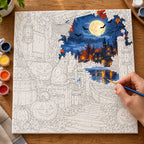 Complete Harvest Moon Harbor numbered canvas being painted with acrylic paints and brushes