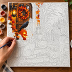 Complete Harvest Night Guardians numbered canvas being painted with acrylic paints and brushes