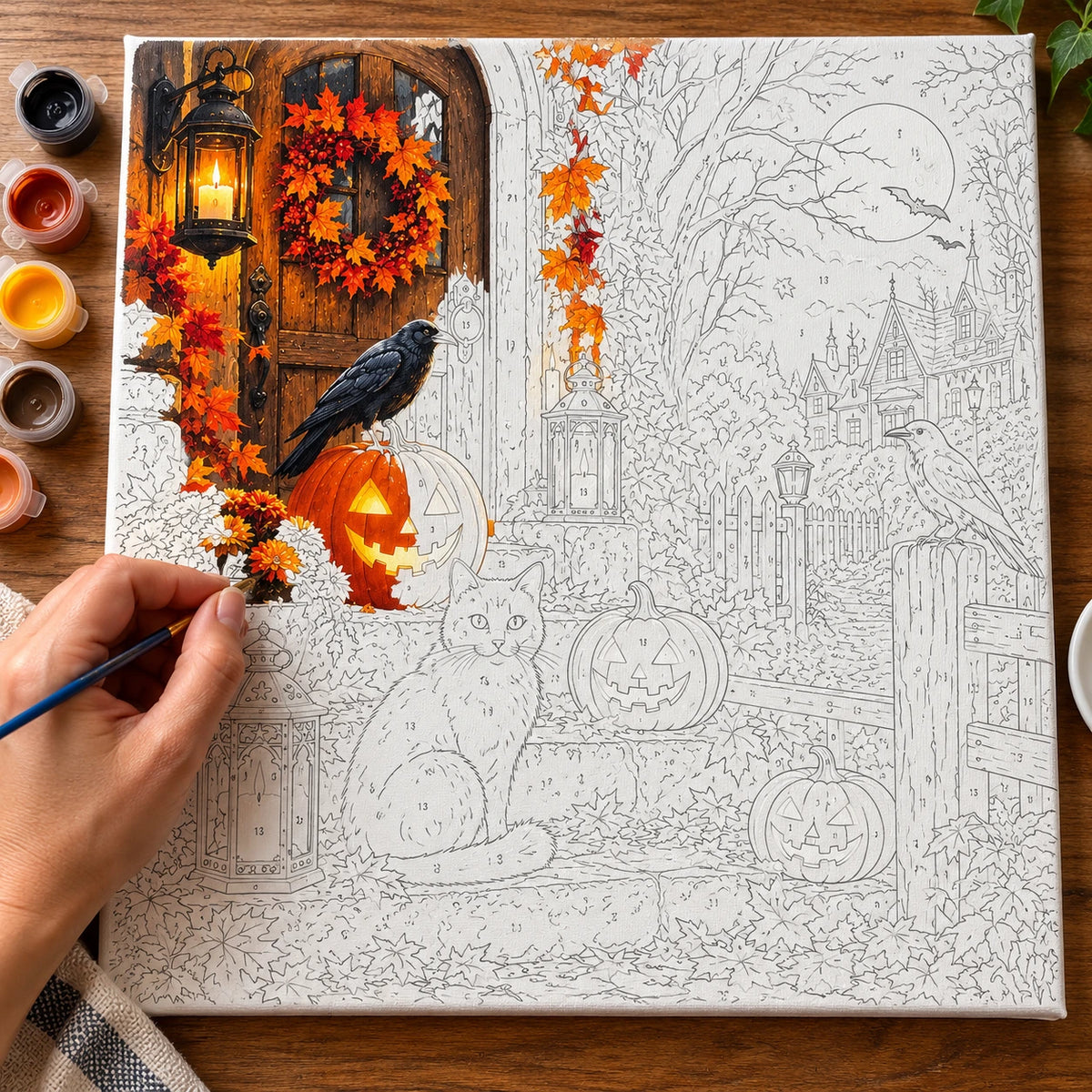 Complete Harvest Night Guardians numbered canvas being painted with acrylic paints and brushes