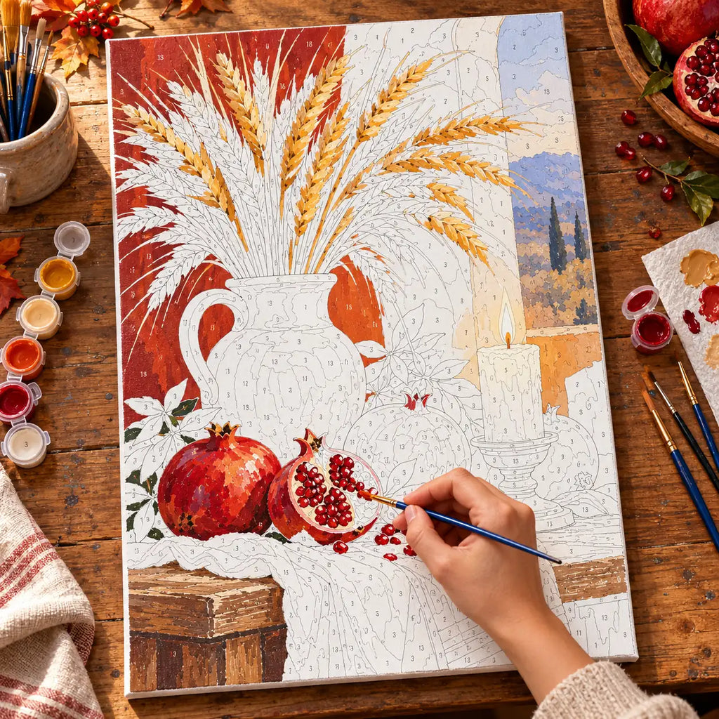 Complete Harvest Table Pomegranates and Wheat Paint by Numbers Kit numbered canvas being painted with acrylic paints and brushes.