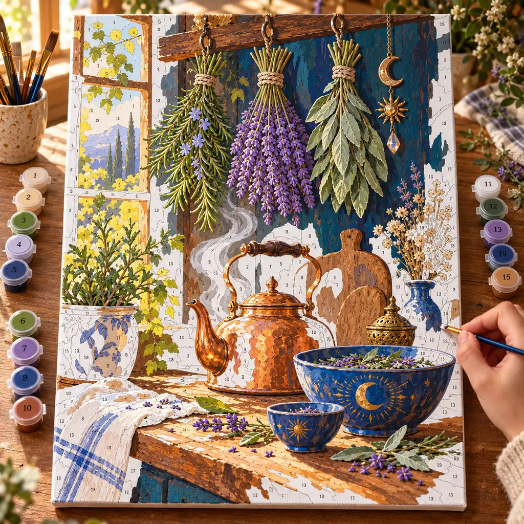 Painting process scene for the Hanging Herb Bundles and Copper Kettle kit, showing its complete numbered canvas and painting tools.
