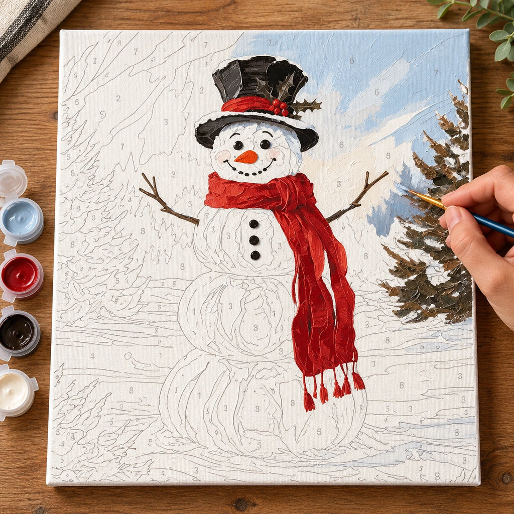 Complete Holly Hat Snowman numbered canvas being painted with acrylic paints and brushes
