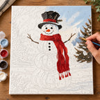 Complete Holly Hat Snowman numbered canvas being painted with acrylic paints and brushes