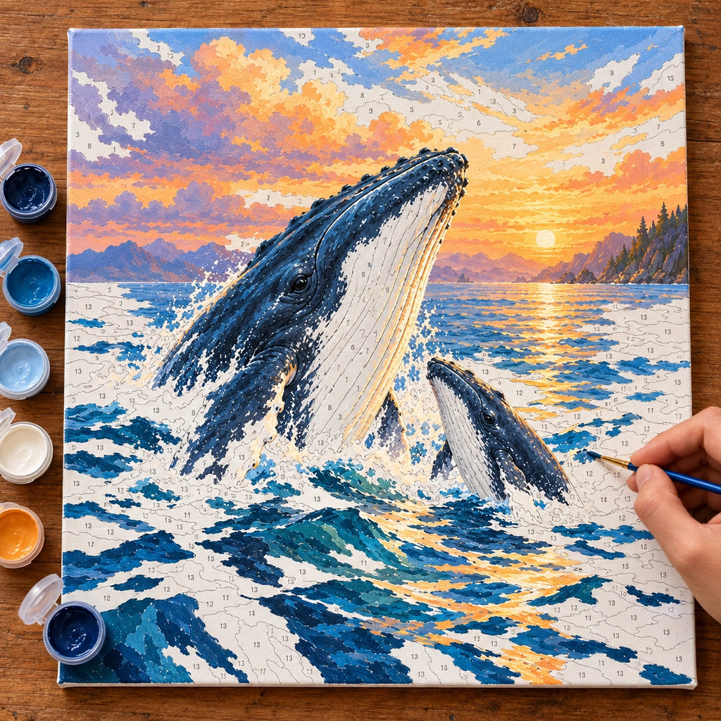 Painting process for Humpback Whale Calf Surfacing paint by numbers kit