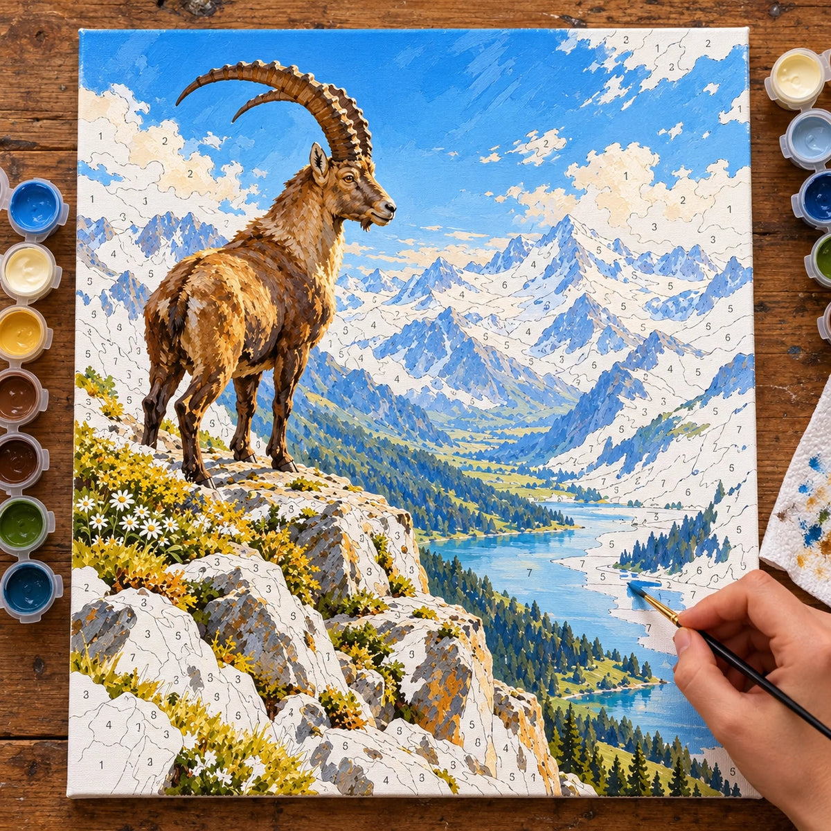 Painting process for Ibex on an Alpine Cliff paint by numbers kit