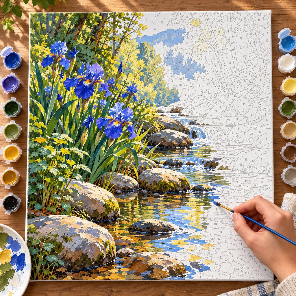 Complete Iris Stream Bank numbered canvas being painted with acrylic paints and brushes