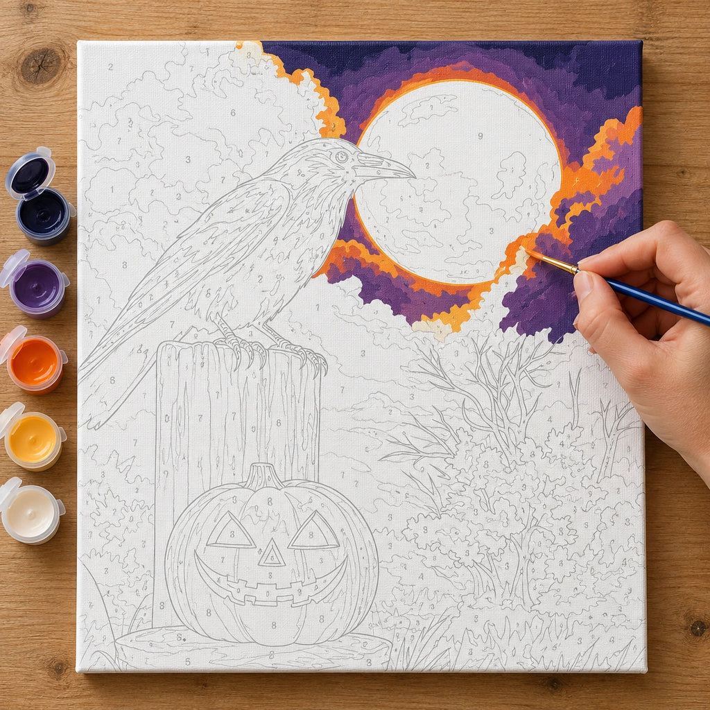 Complete Jack O Lantern and Raven Vigil numbered canvas being painted with acrylic paints and brushes