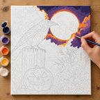 Complete Jack O Lantern and Raven Vigil numbered canvas being painted with acrylic paints and brushes