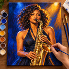 Painting process scene for the Black Woman Jazz Saxophonist kit, showing its complete numbered canvas and painting tools.