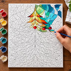 Complete Jewel Toned Christmas Tree numbered canvas being painted with acrylic paints and brushes