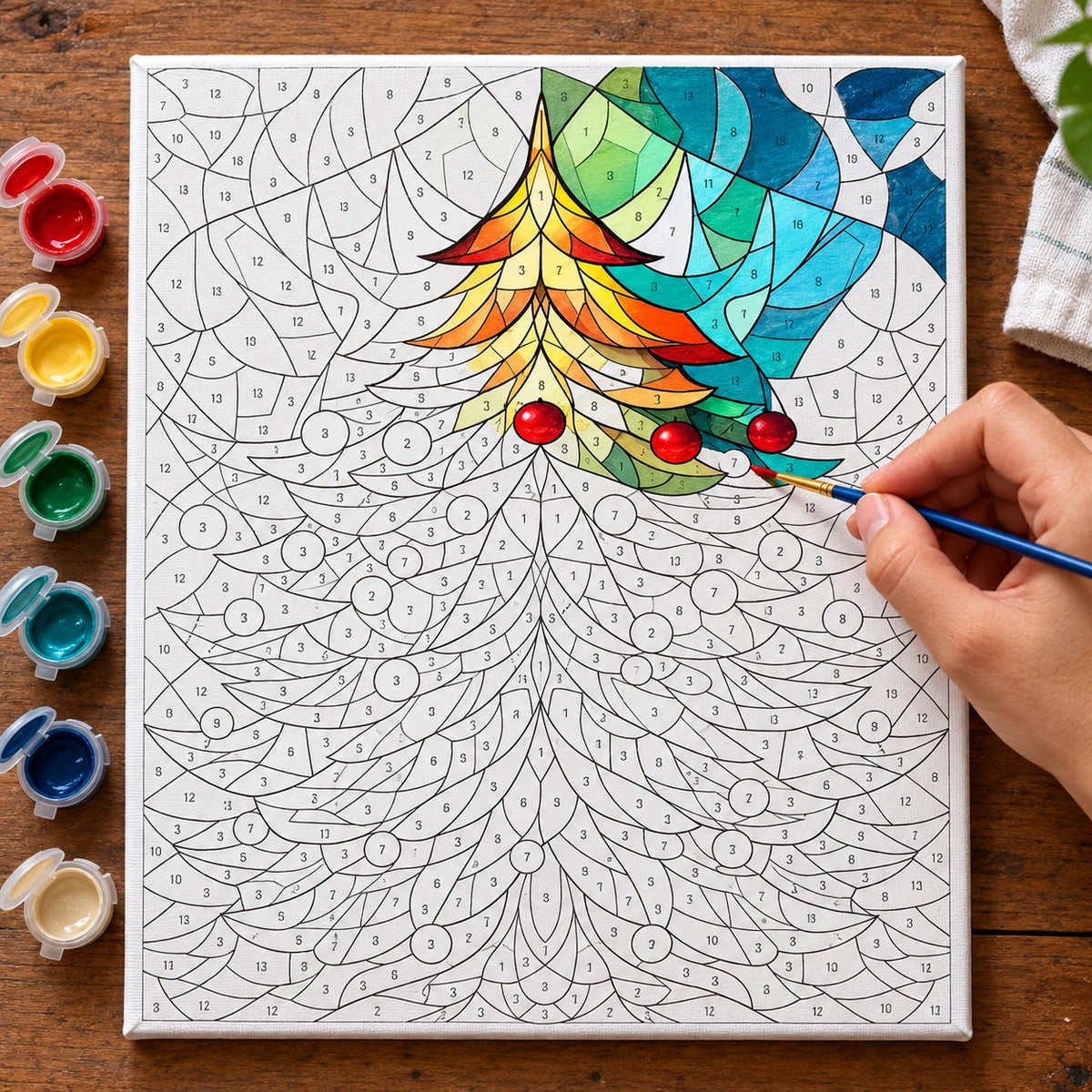 Complete Jewel Toned Christmas Tree numbered canvas being painted with acrylic paints and brushes