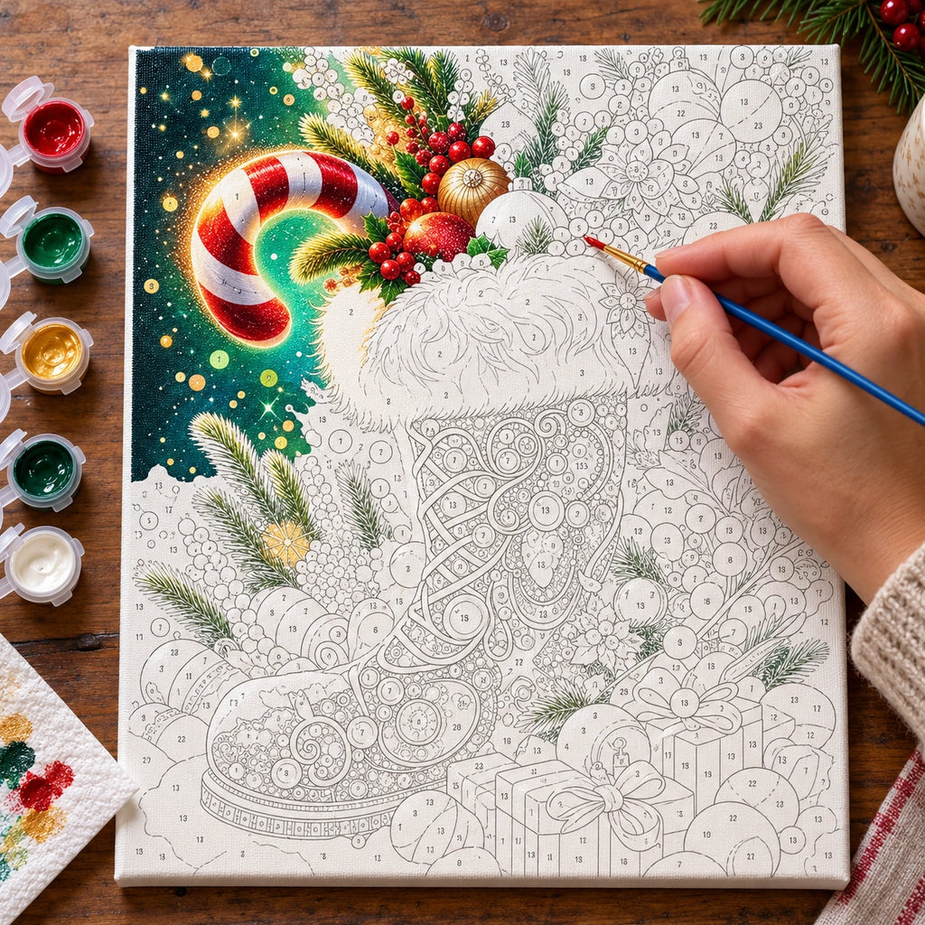 Complete Jeweled Christmas Stocking numbered canvas being painted with acrylic paints and brushes