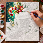 Complete Jeweled Christmas Stocking numbered canvas being painted with acrylic paints and brushes
