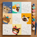 Kawaii Cat Face Collage numbered canvas being painted with acrylic paints and brushes