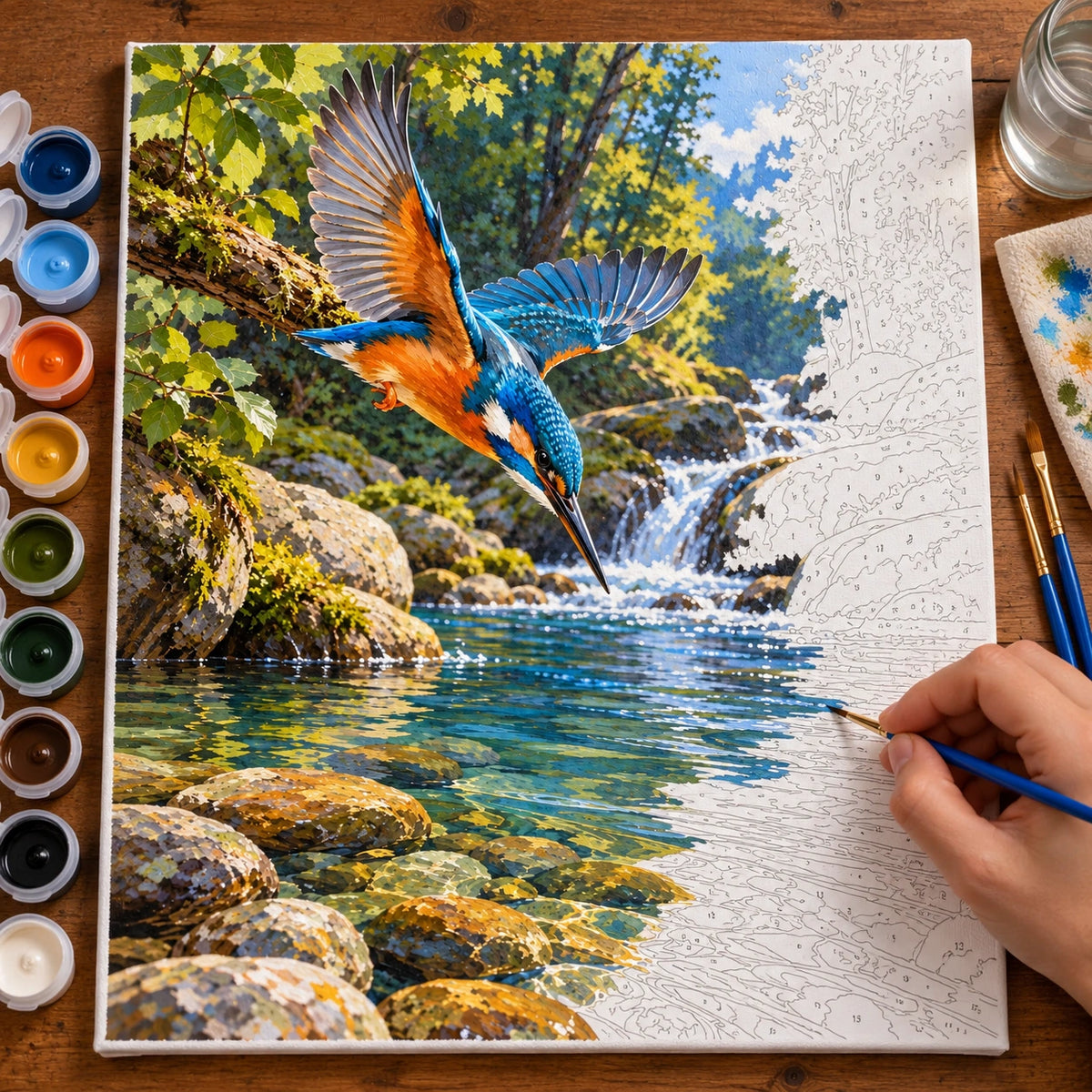 Painting process for Kingfisher over a Clear Creek paint by numbers kit
