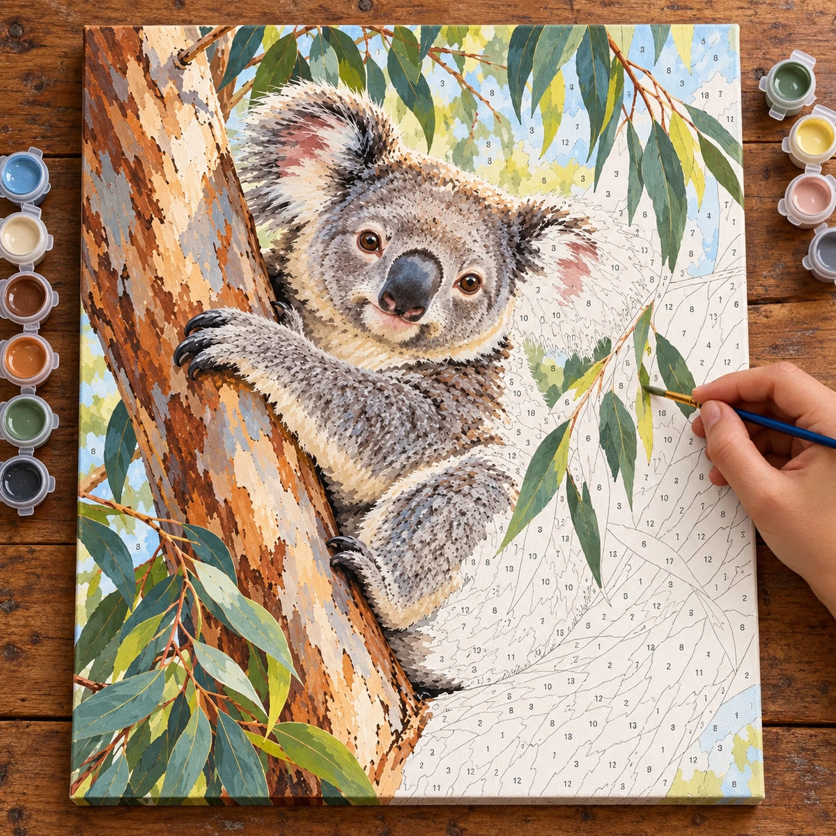 Painting process for Koala in a Eucalyptus Tree paint by numbers kit