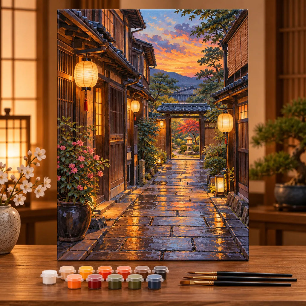 Painting process example for the kyoto wooden machiya lanterns paint by numbers design.