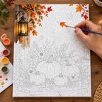 Complete Lantern Light and Autumn Bounty numbered canvas being painted with acrylic paints and brushes