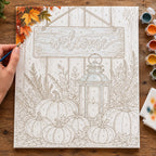 Complete Lantern Light on an Autumn Table numbered canvas being painted with acrylic paints and brushes