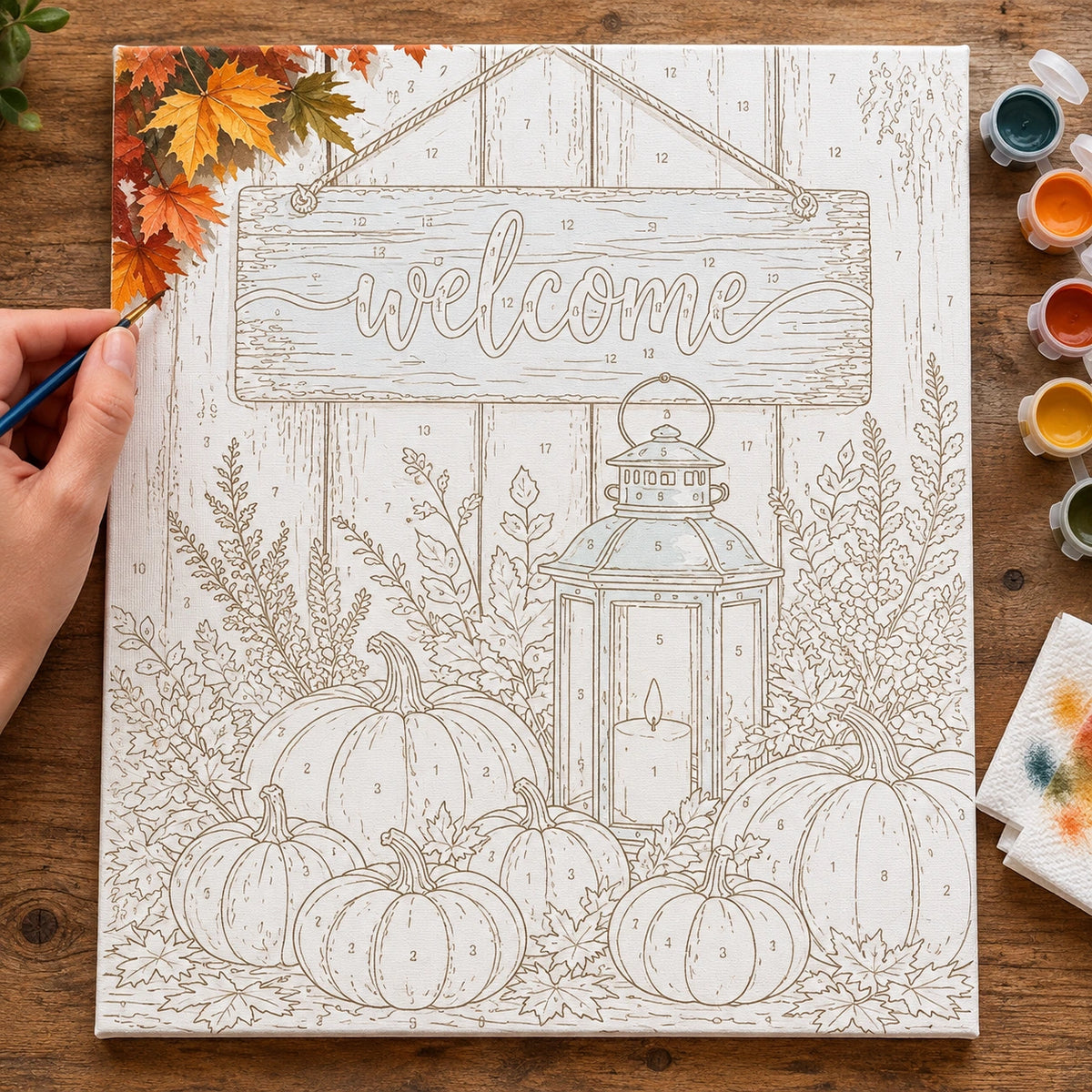 Complete Lantern Light on an Autumn Table numbered canvas being painted with acrylic paints and brushes