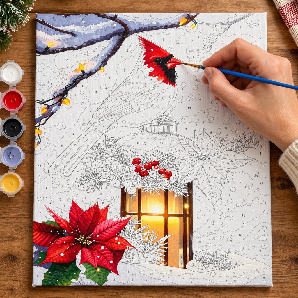 Complete Lantern Snowfall Cardinal numbered canvas being painted with acrylic paints and brushes