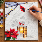 Complete Lantern Snowfall Cardinal numbered canvas being painted with acrylic paints and brushes