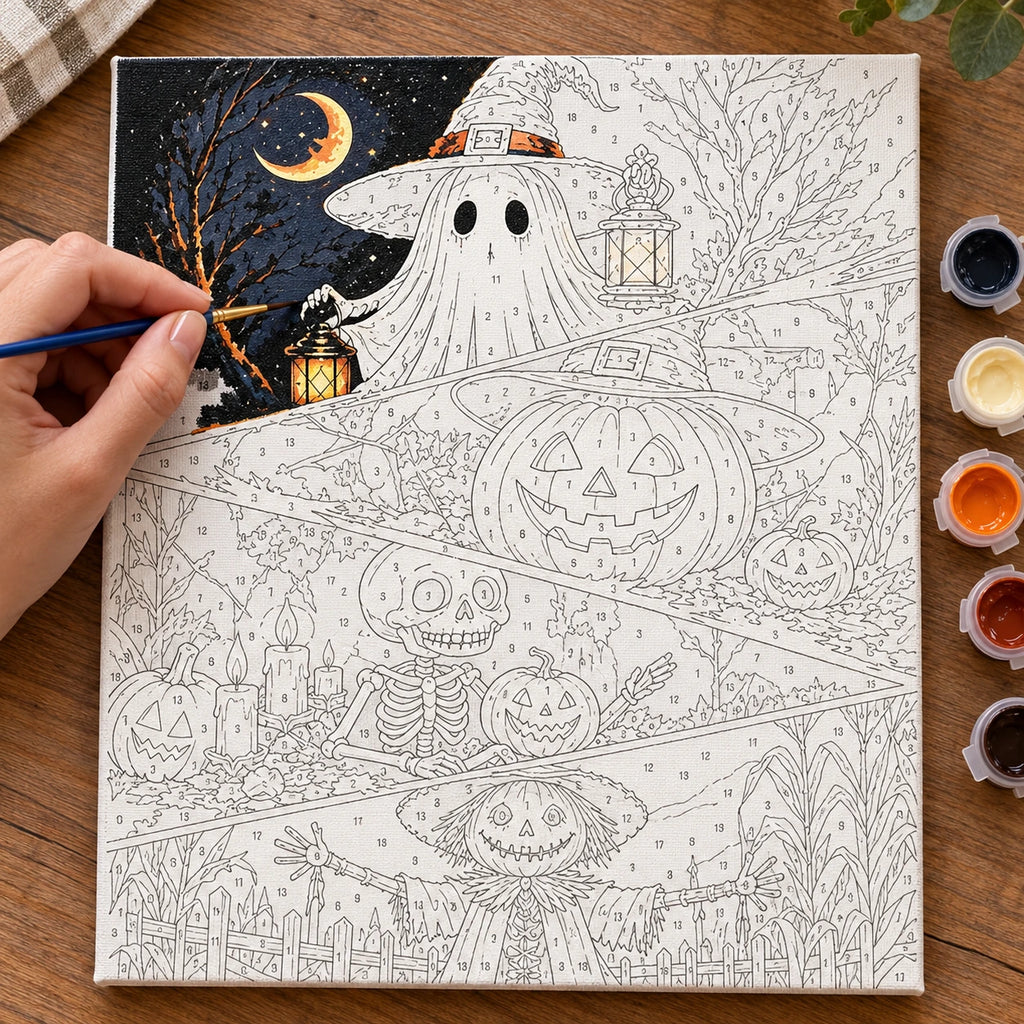 Complete Lantern Spirits and Pumpkin Watcher numbered canvas being painted with acrylic paints and brushes