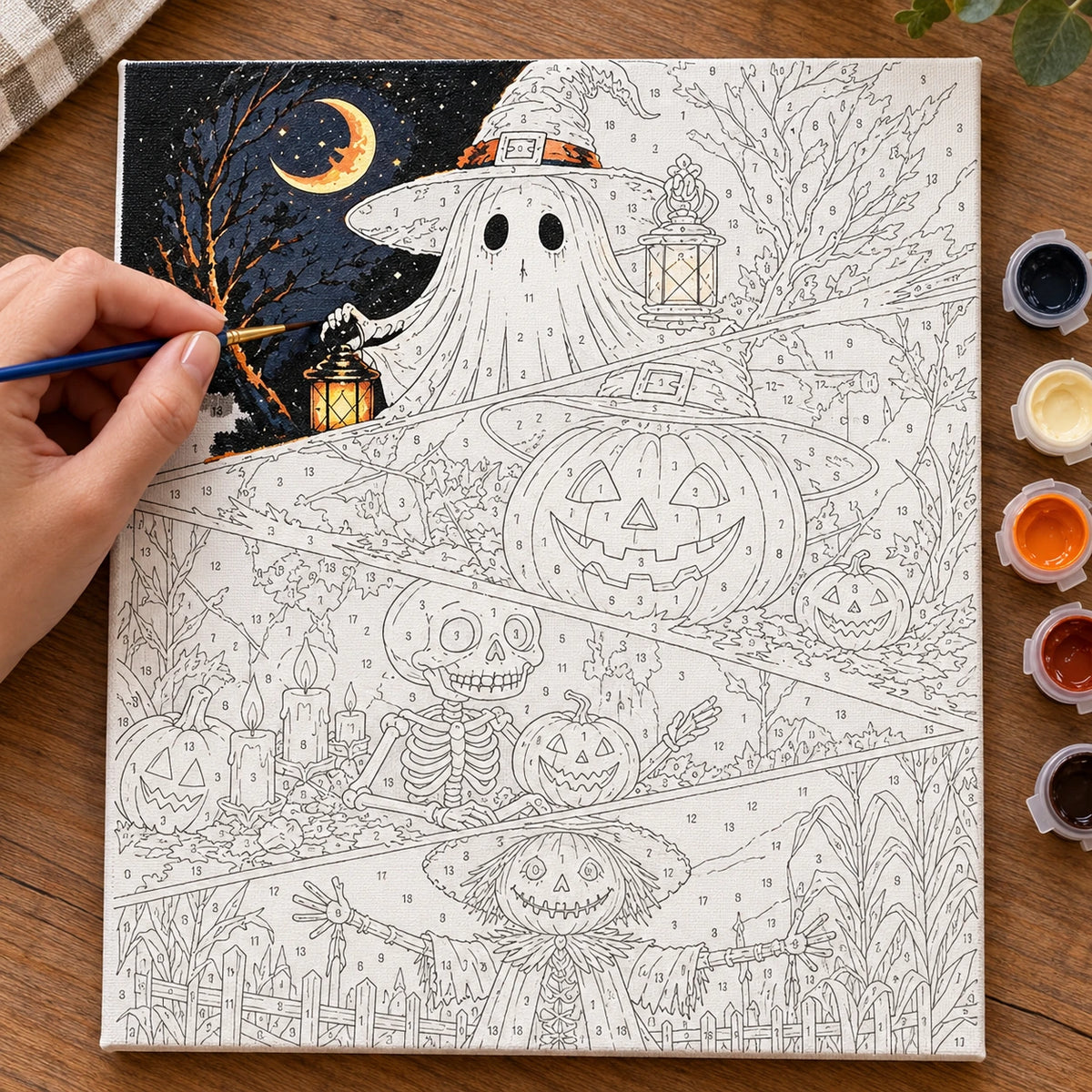 Complete Lantern Spirits and Pumpkin Watcher numbered canvas being painted with acrylic paints and brushes