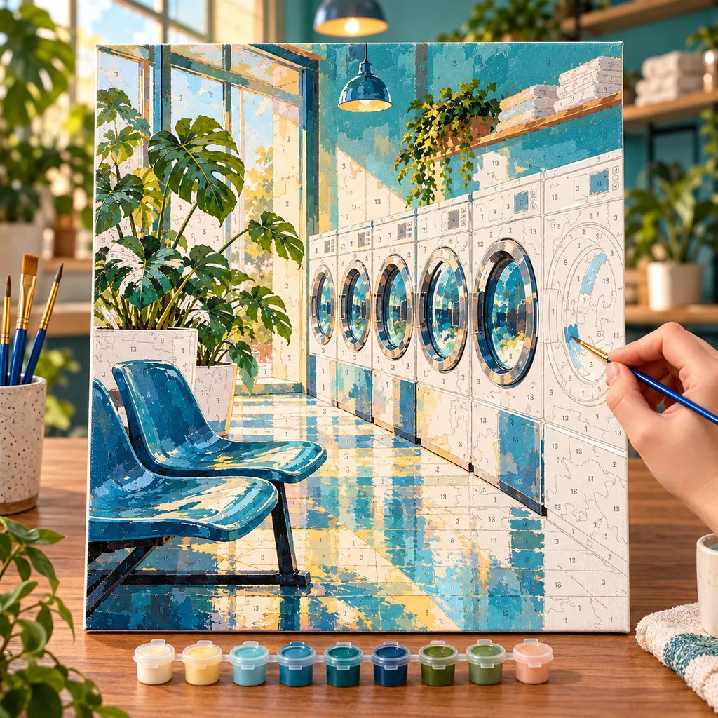 `04-laundromat-night-blue-chairs-painting-process.webp` — Painting process scene for the Laundromat Night Blue Chairs kit, with the complete numbered canvas and painting tools.