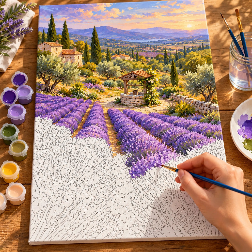 Complete Lavender Rows Stone Well numbered canvas being painted with acrylic paints and brushes