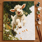 Leaping lamb paint by numbers numbered canvas being painted with acrylic paints and brushes