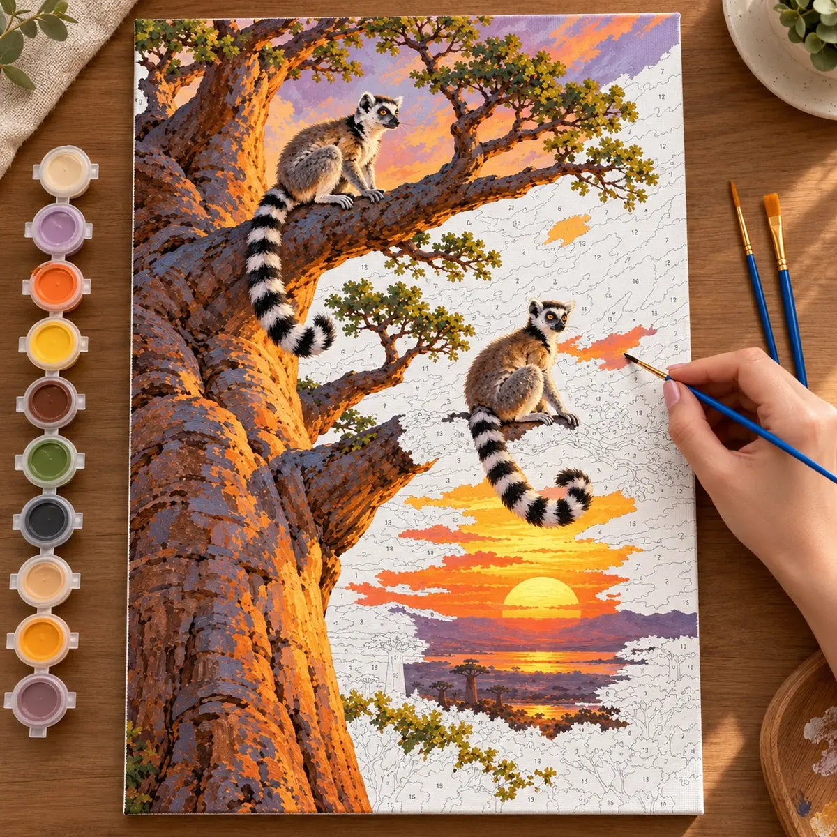 Complete Lemurs Baobab Sunset numbered canvas being painted with acrylic paints and brushes