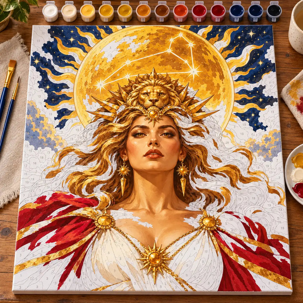 Painting process scene for the Leo Lioness Solar Zodiac Portrait kit, with the complete numbered canvas and painting tools.