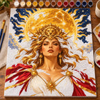 Painting process scene for the Leo Lioness Solar Zodiac Portrait kit, with the complete numbered canvas and painting tools.