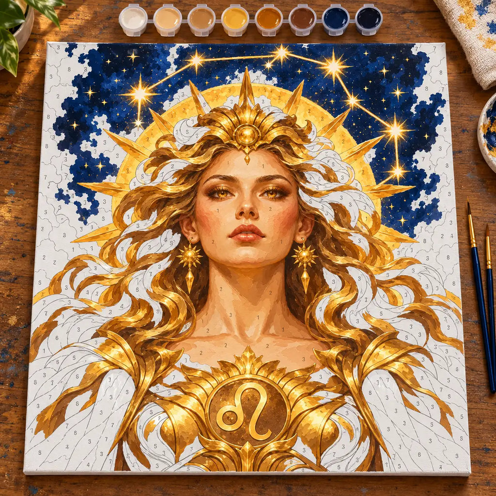 Painting process scene for the Leo Lionhearted Solar Guardian kit, with the complete numbered canvas and painting tools.