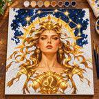 Painting process scene for the Leo Lionhearted Solar Guardian kit, with the complete numbered canvas and painting tools.