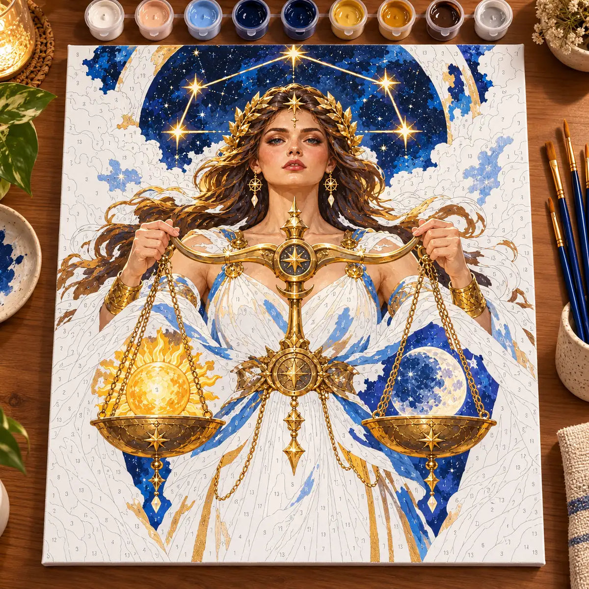 Painting process scene for the Libra Sun Moon Balance Scales kit, with the complete numbered canvas and painting tools.