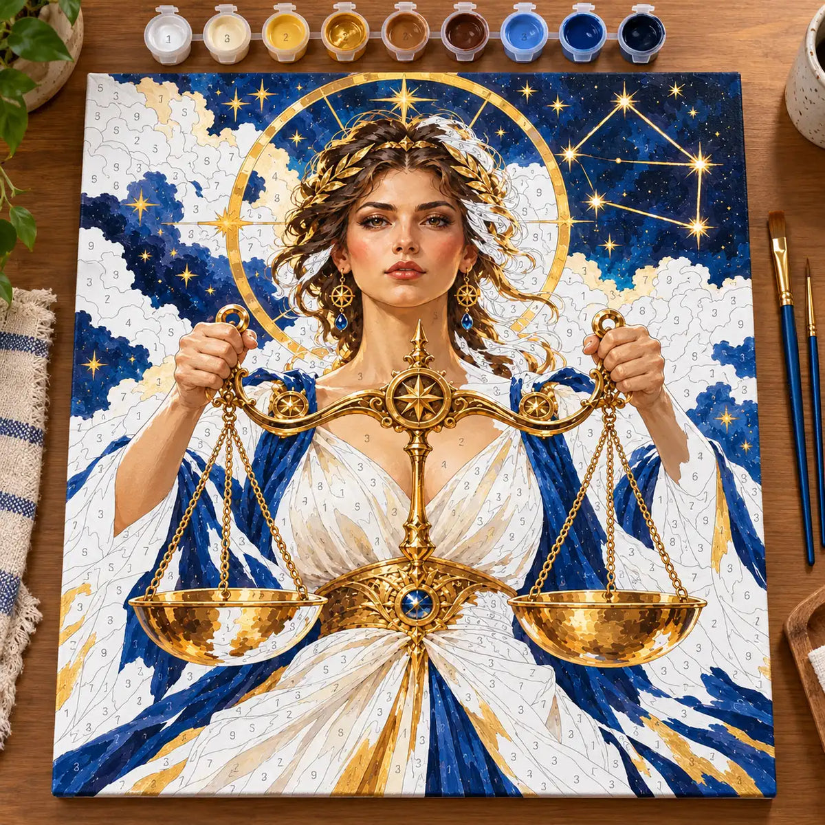 Painting process scene for the Libra Woman with Celestial Scales kit, with the complete numbered canvas and painting tools.
