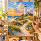 Painting process example for the lighthouse dune grass paint by numbers design.