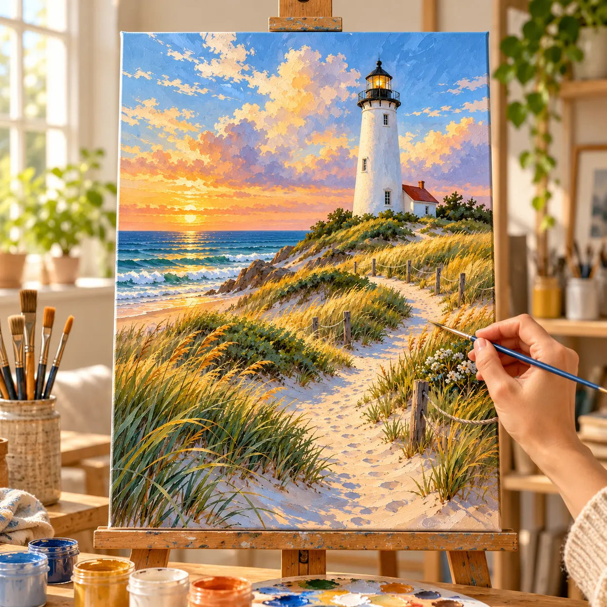 Painting process example for the lighthouse dune grass paint by numbers design.