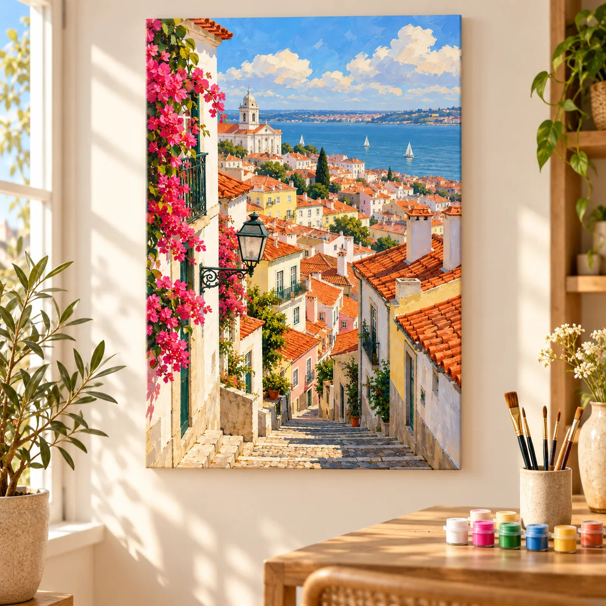 Painting process example for the lisbon rooftop river view paint by numbers design.