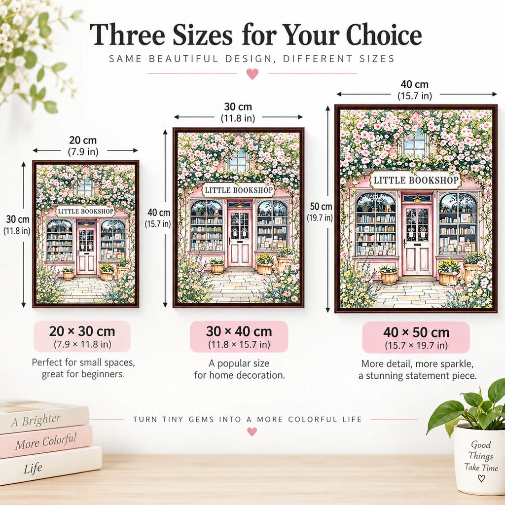 Little bookshop artwork size comparison from 20 by 30 to 40 by 50 cm
